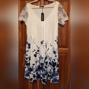 White and Blue Floral Dress with Lace Sleeves